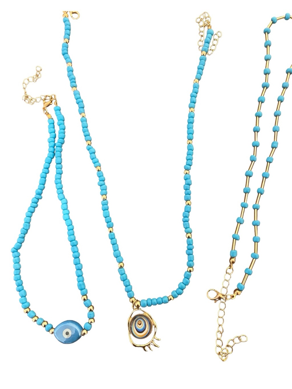 Women’s 3 Fun Boho Layering Turquoise Beaded Necklaces with Gold Charms